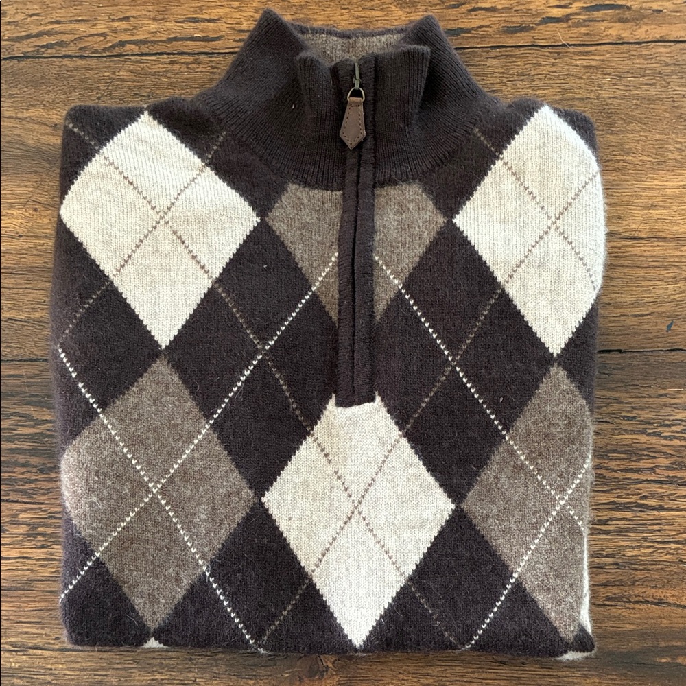 Men's Argyle Cashmere 1/4 Zip Sweater - Brown, light brown & cream